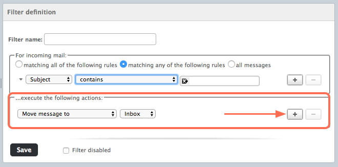 Execute actions section of Sieve filters setup